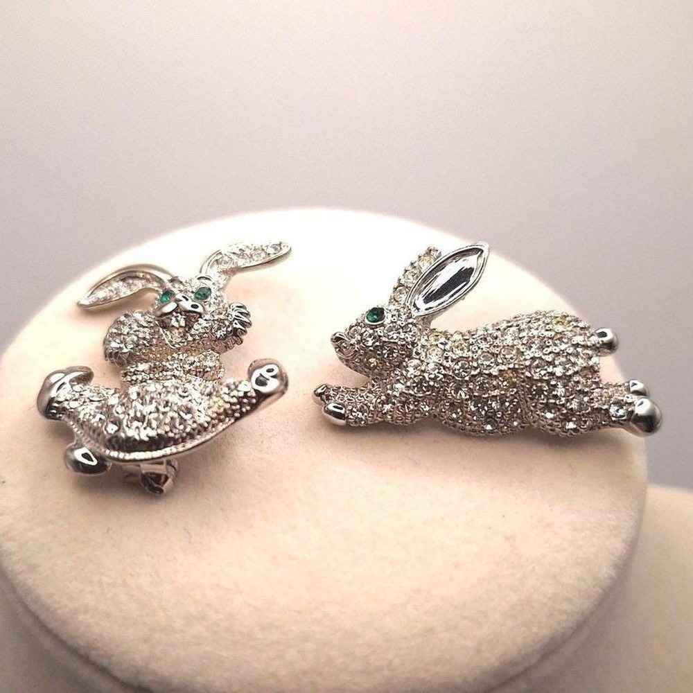 Vintage animal brooches set rabbit bunny clear rhinestones silver tone